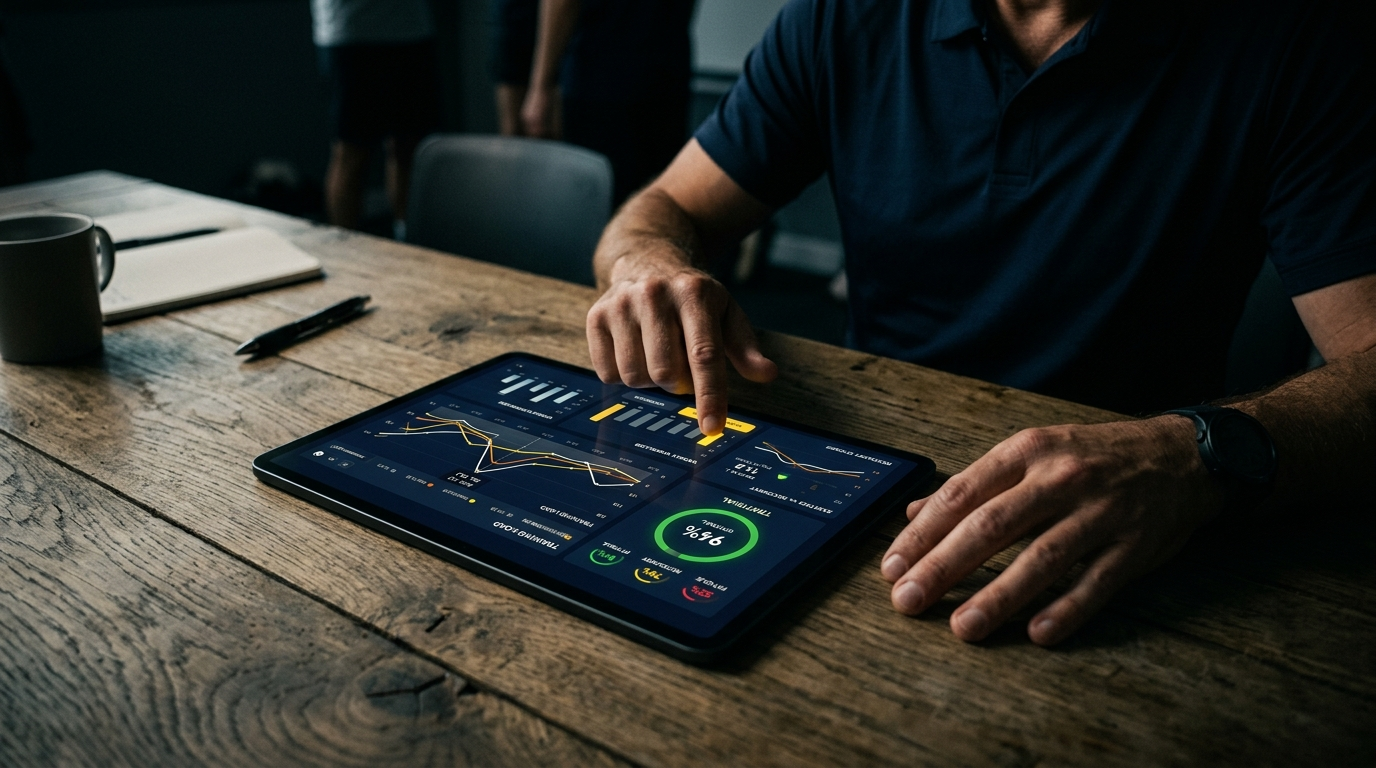 Cuerpo técnico de fútbol revisando datos de carga en tablet con dashboard FF360